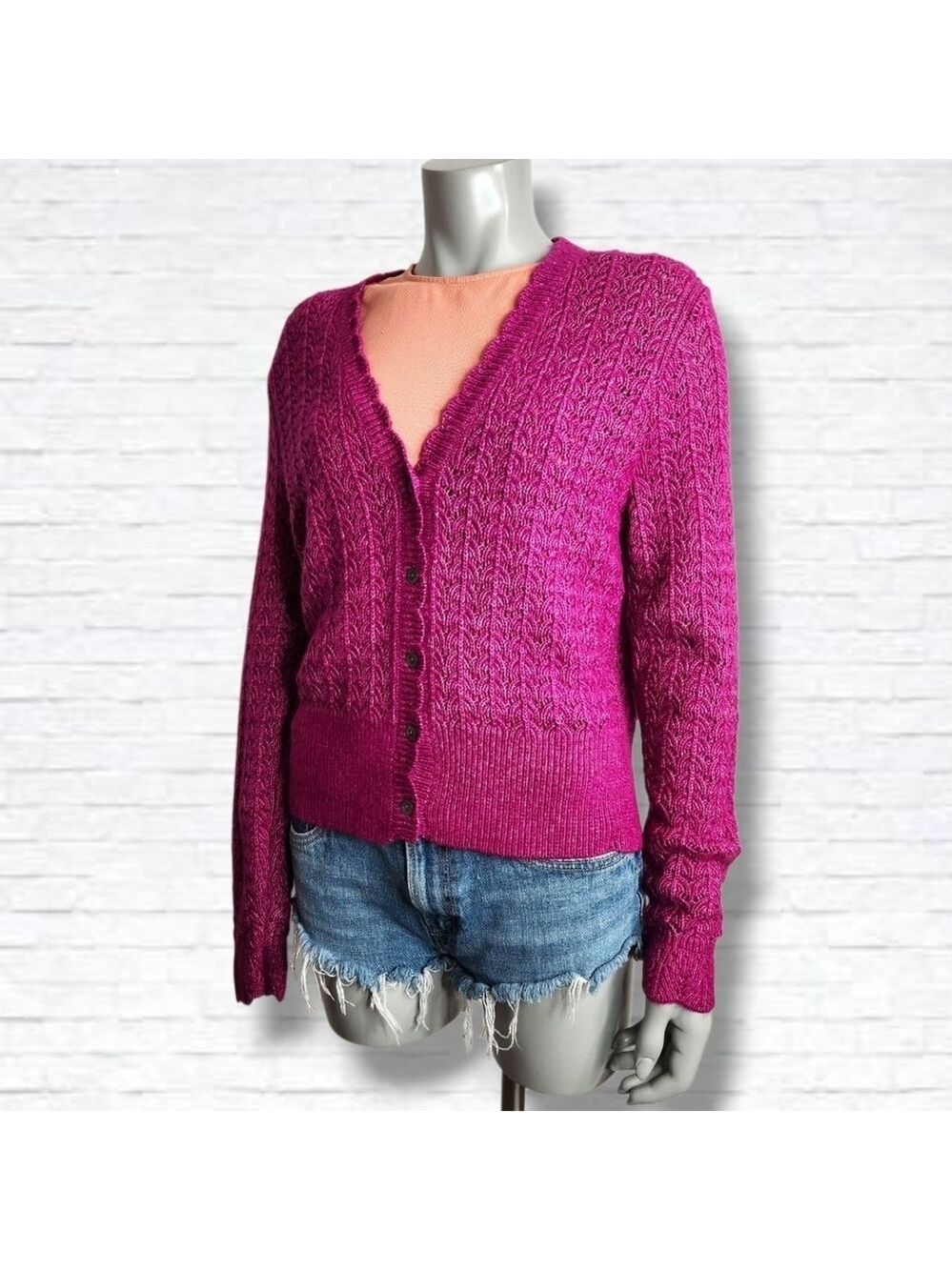 Sundance Catalog Cropped Fushia Leanna Pointelle Cardigan Size XL NWOT